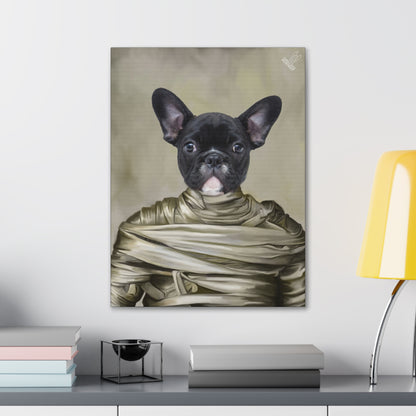 Canvas print of a black dog wrapped in bandages on a wall above a desk.