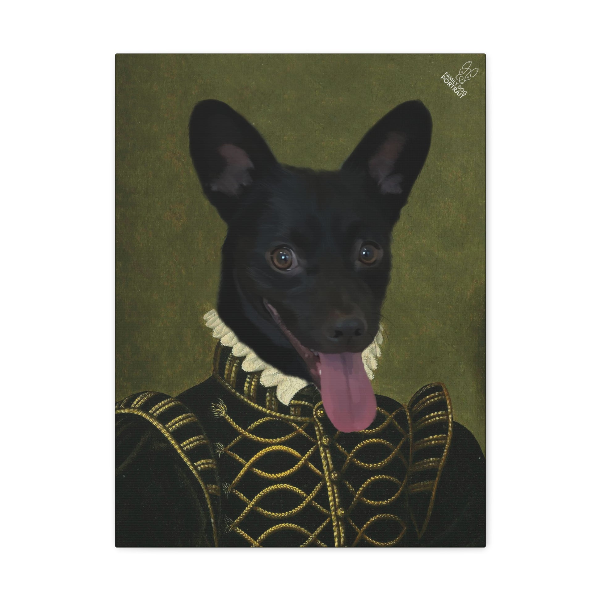 Black dog in Renaissance-style clothing on a green background