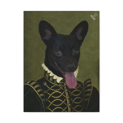 Black dog in Renaissance-style clothing on a green background