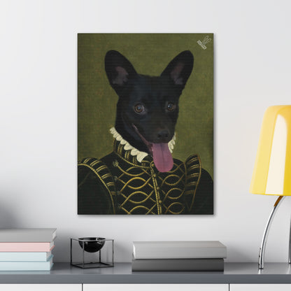 Framed artwork of a black dog in regal attire on a wall above a desk.