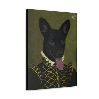 Canvas print of a black dog in Renaissance clothing on a green background