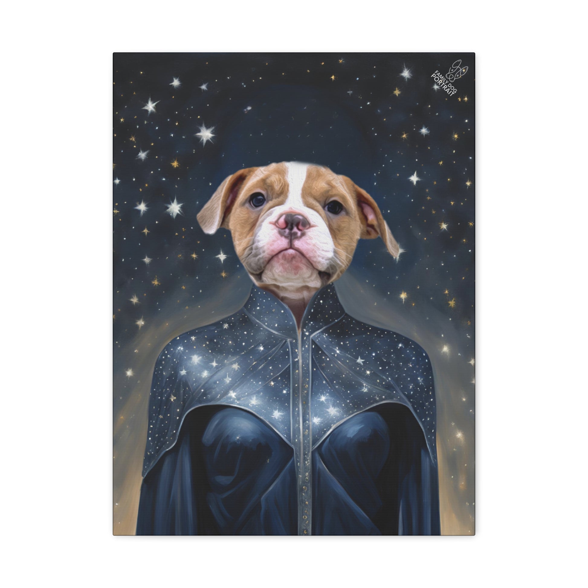 Illustration of a dog in a space suit with a starry background