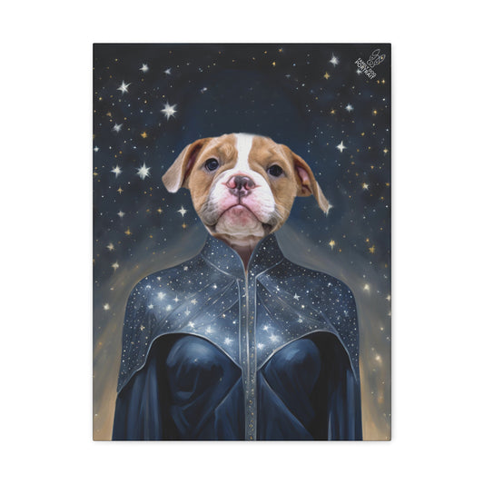 Illustration of a dog in a space suit with a starry background
