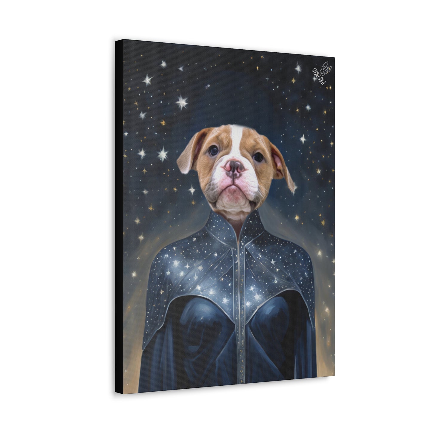 Canvas print of a dog in a space-themed outfit with stars on a dark background