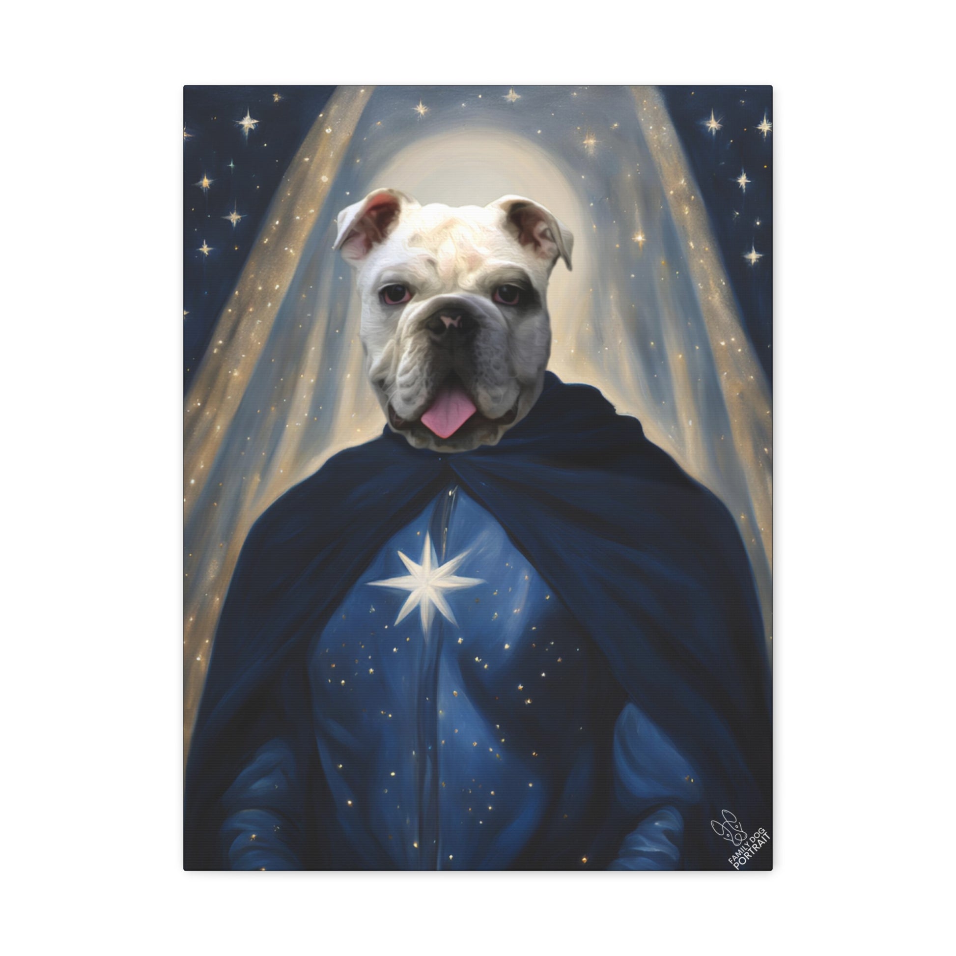 Dog wearing a blue cape with a star design against a starry background