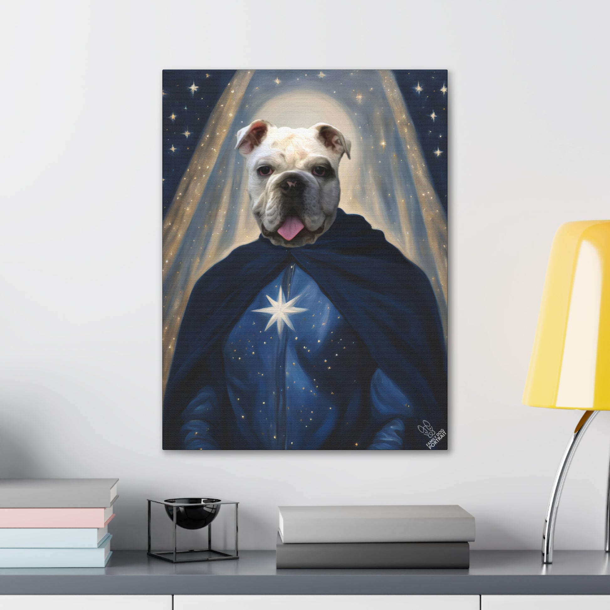 Framed artwork of a dog in a blue robe with a star on a wall above a desk.