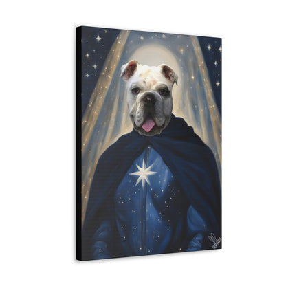 Canvas print of a dog in a blue cloak with a starry background