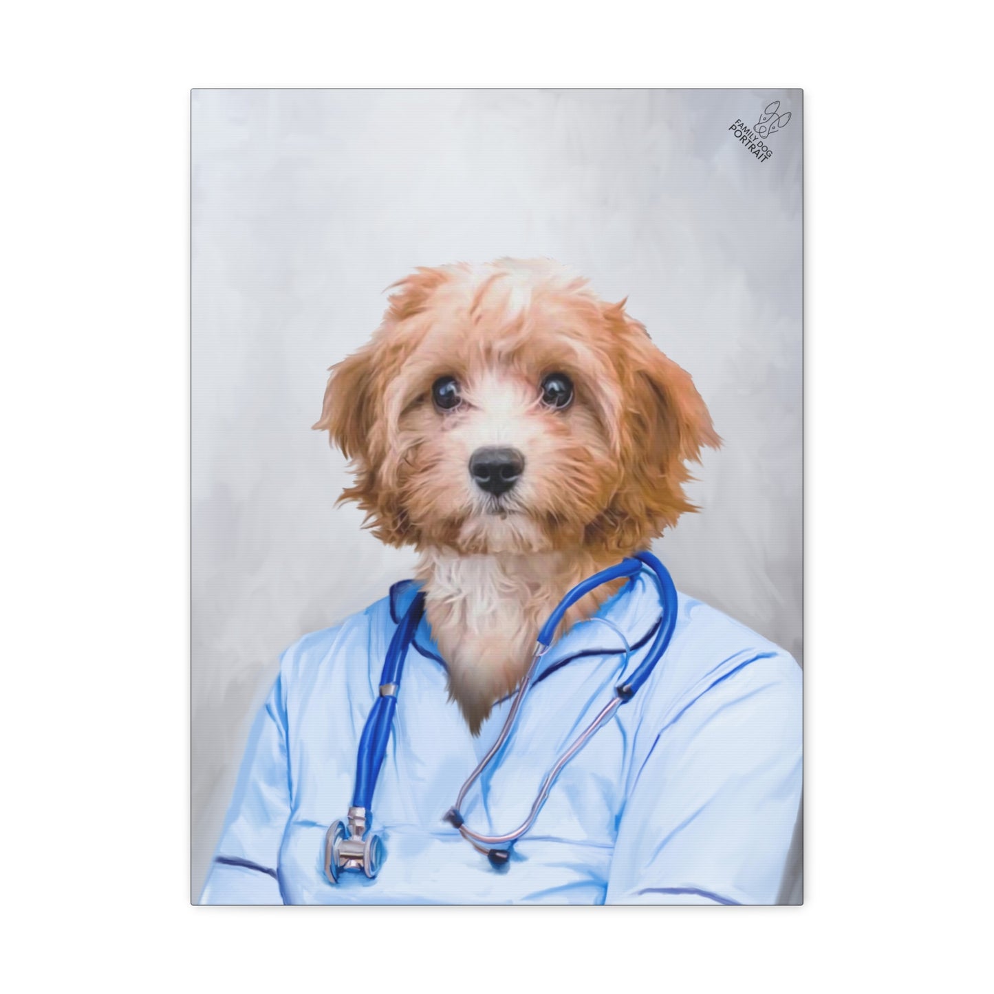 Dog in a doctor's outfit with a stethoscope on a gray background