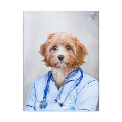 Dog in a doctor's outfit with a stethoscope on a gray background
