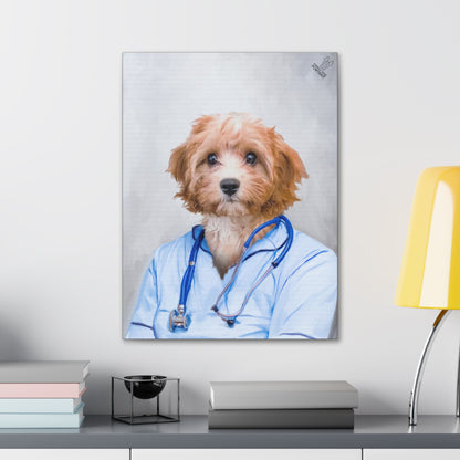 Canvas print of a dog dressed as a veterinarian on a wall above a desk.