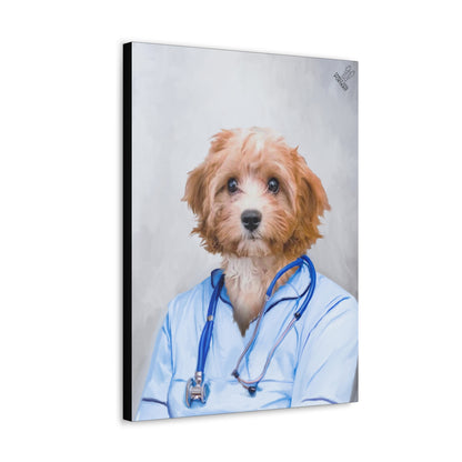 Canvas print of a dog wearing a blue coat with a stethoscope, on a white background.