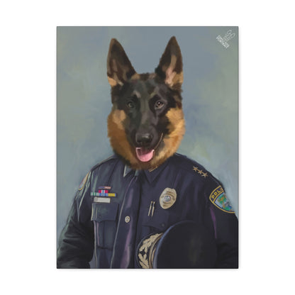 Dog in a police uniform with a gray background