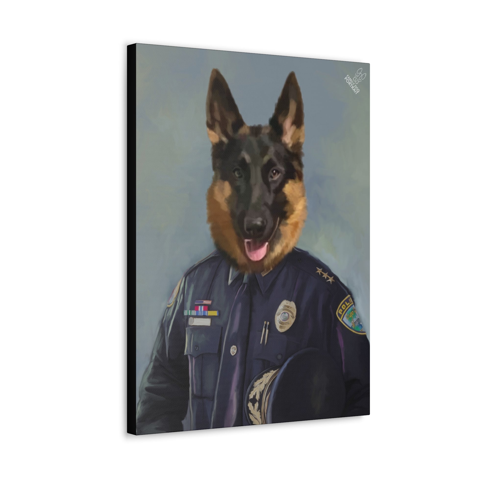 Canvas print of a dog in a police uniform on a white background