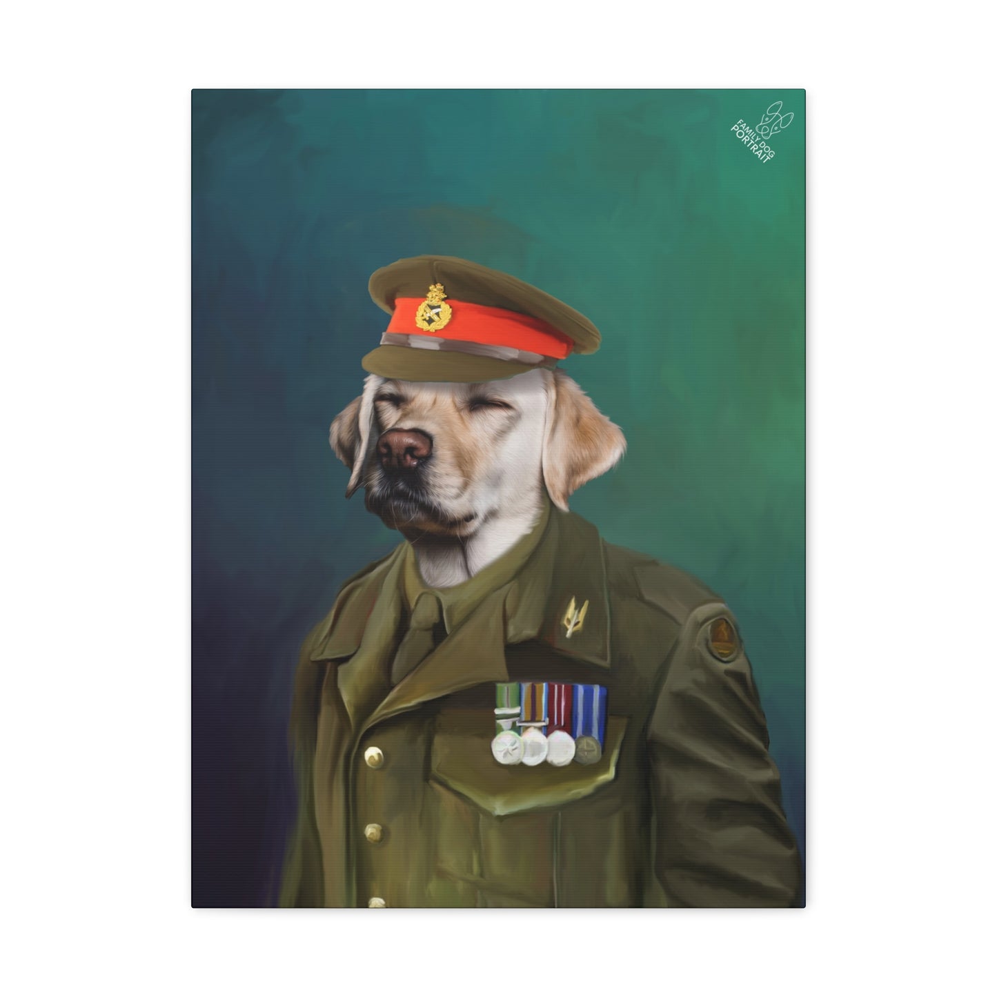Dog in military uniform with medals on a dark green background