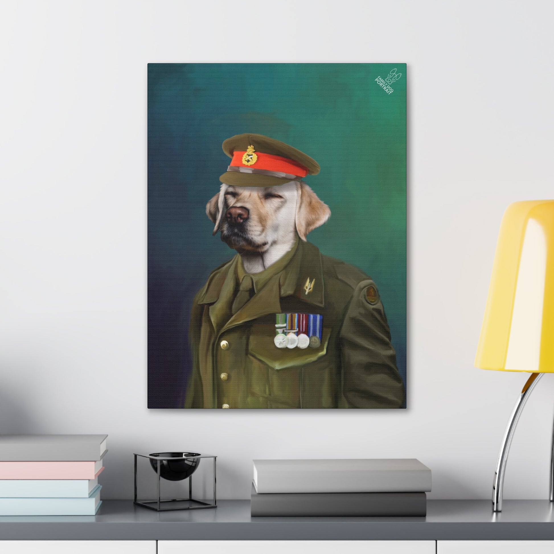 Framed artwork of a dog in military attire on a wall above a desk.