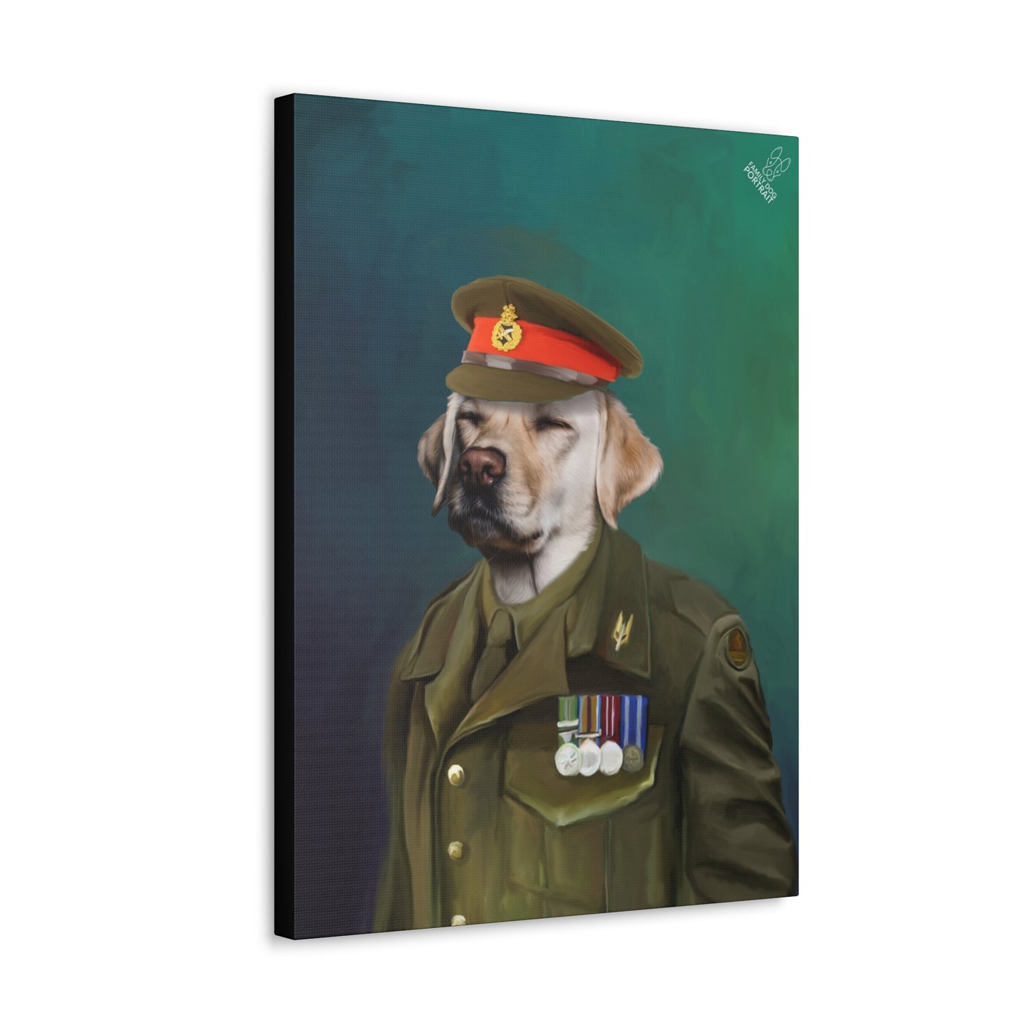Canvas print of a dog in military attire with a green background