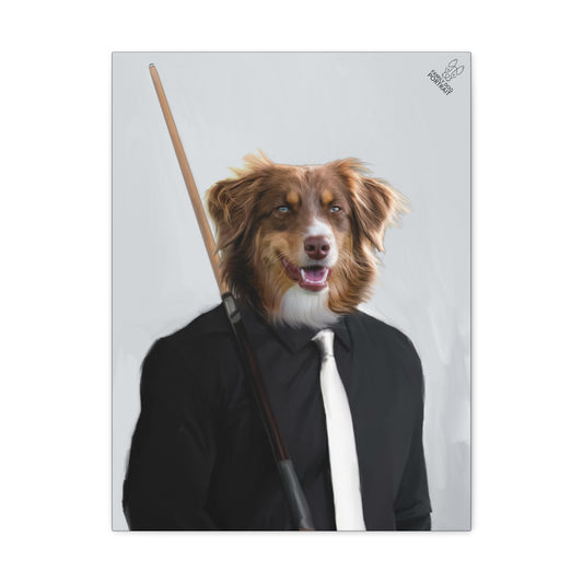 Dog wearing a black shirt and white tie with a cane, on a gray background