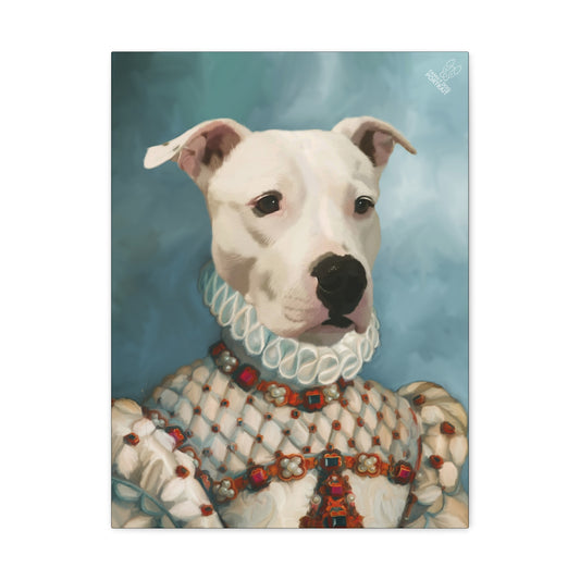Dog in Renaissance-style clothing with a blue gradient background