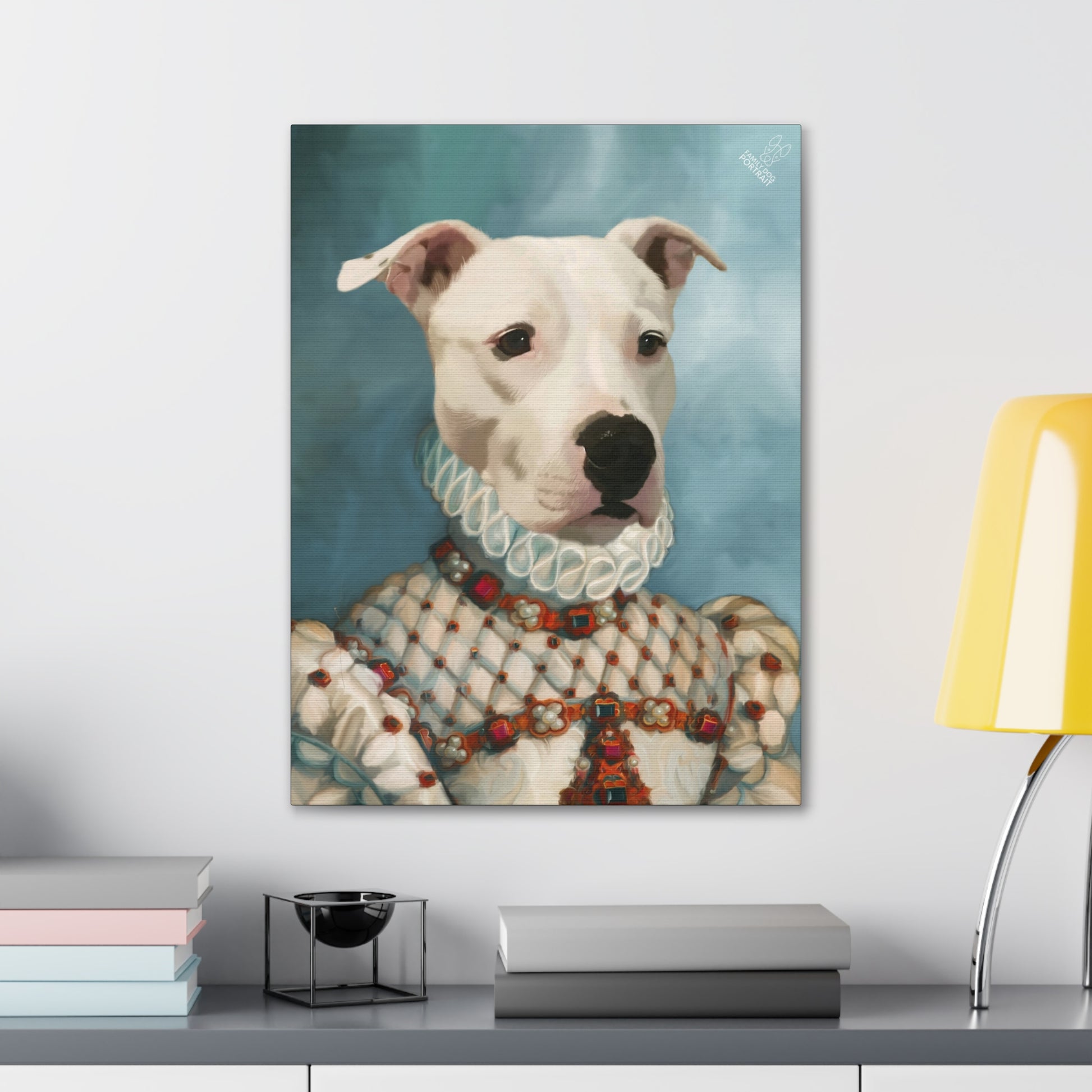 Canvas print of a dog dressed in historical clothing on a wall above a shelf.