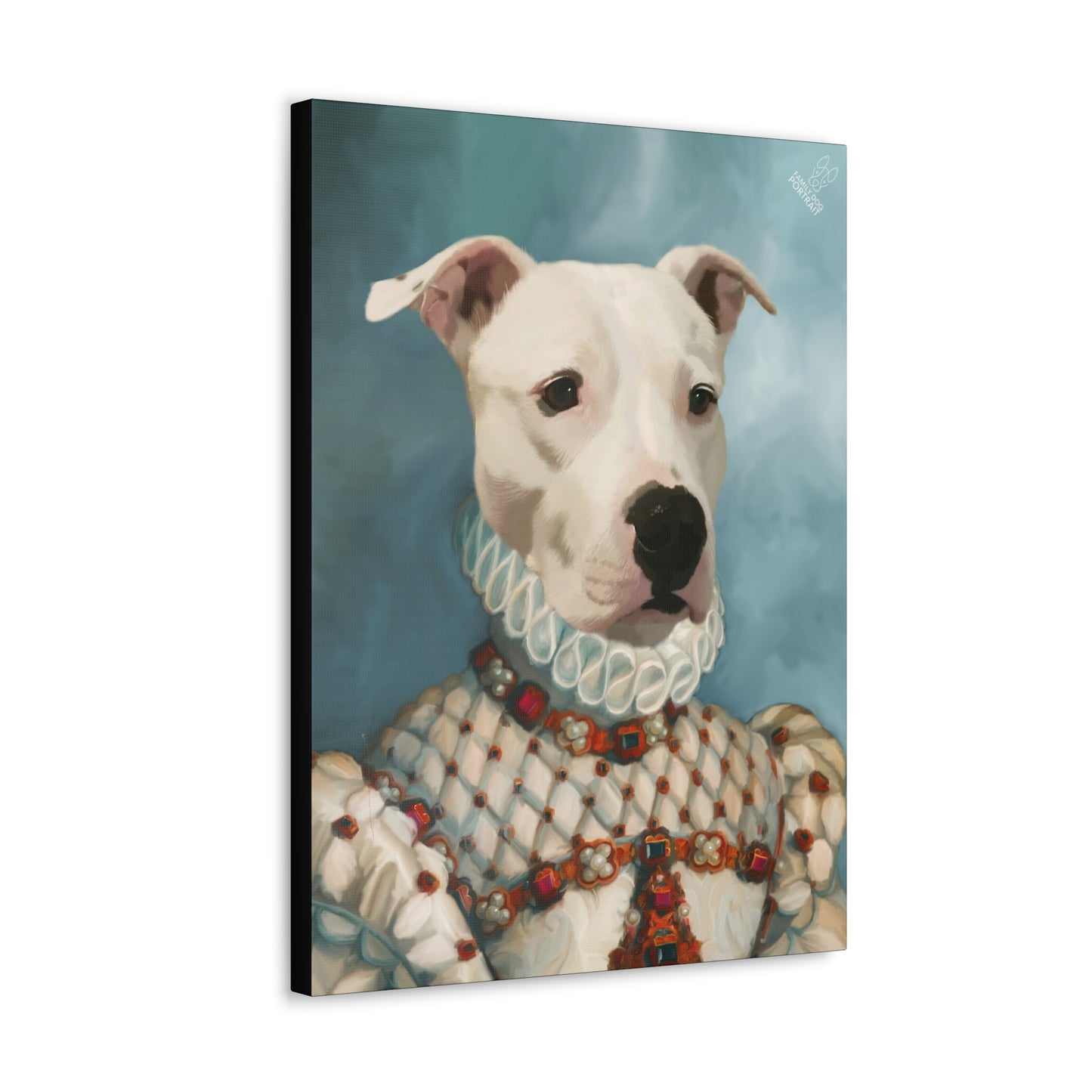 Canvas print of a dog wearing historical clothing with a blue gradient background