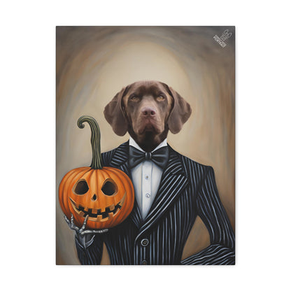 Dog in a suit with a pumpkin, styled like a painting