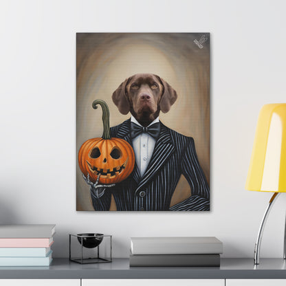 Painting of a dog in a suit holding a pumpkin on a wall above a shelf.
