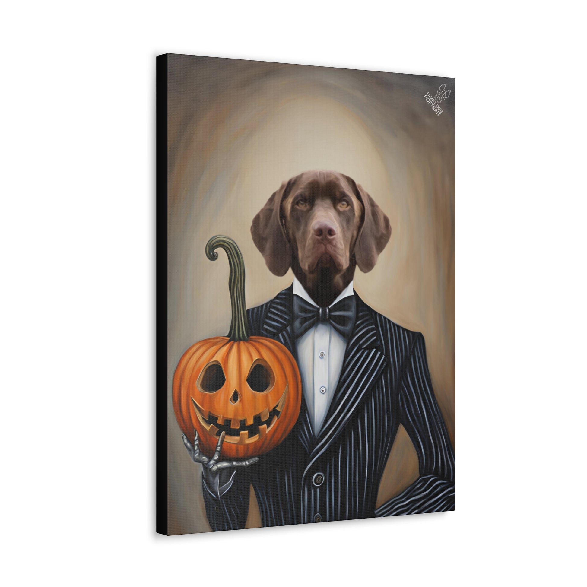 Canvas print of a dog in a suit holding a pumpkin with a jack-o'-lantern face.
