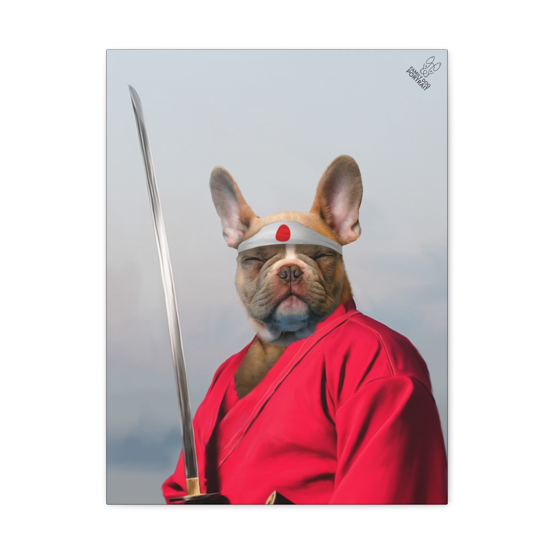 Dog in a red kimono with a sword on a gray background