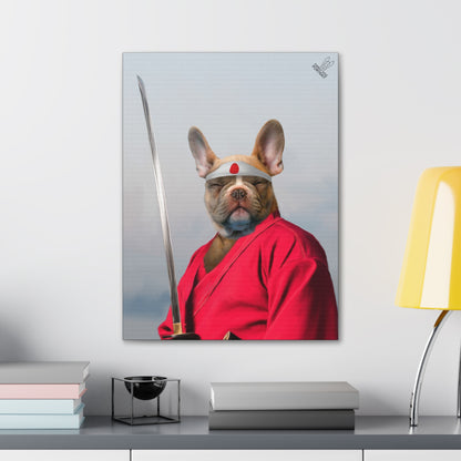 Framed artwork of a dog in samurai attire on a wall above a desk.