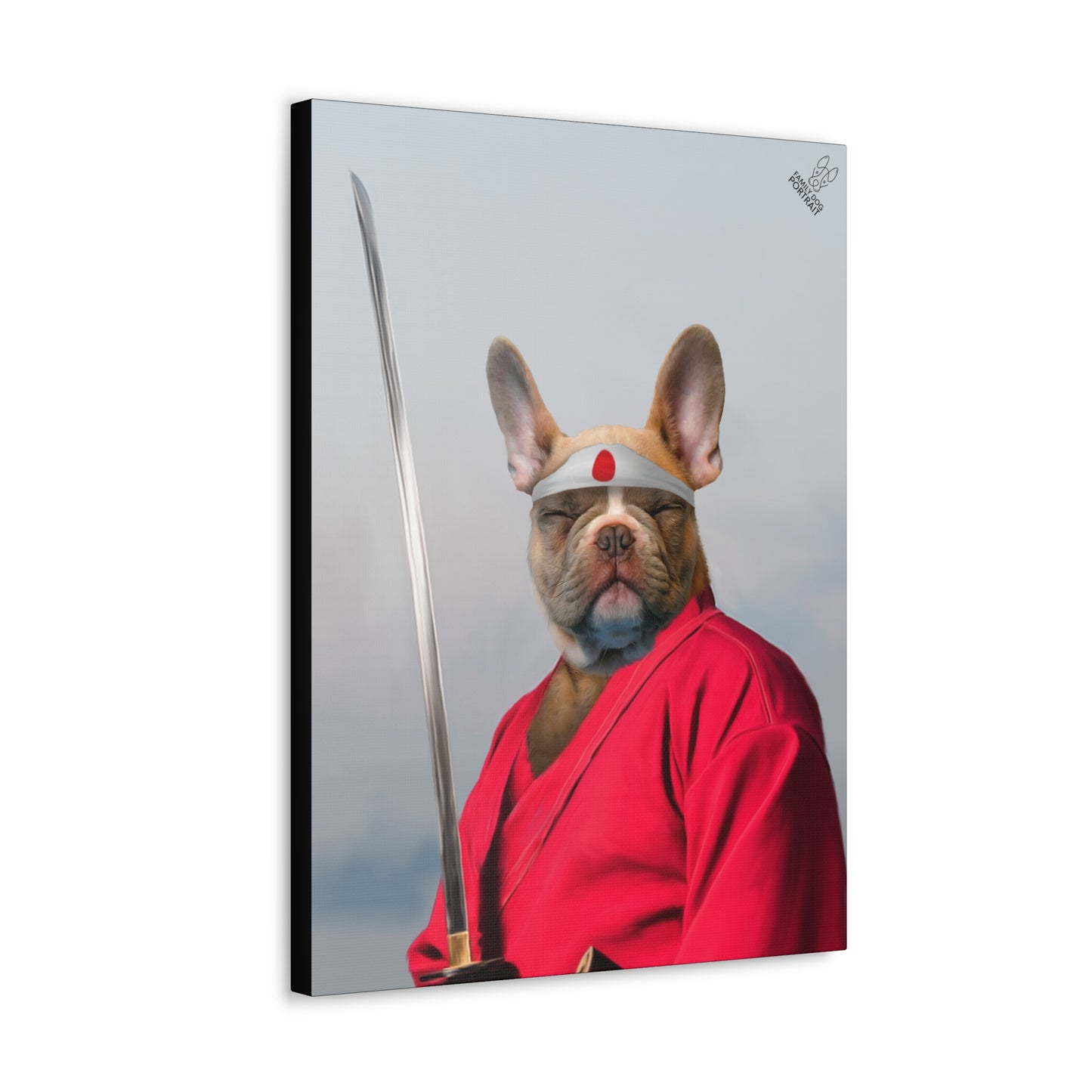 Canvas print of a dog in a red kimono with a sword, on a white background