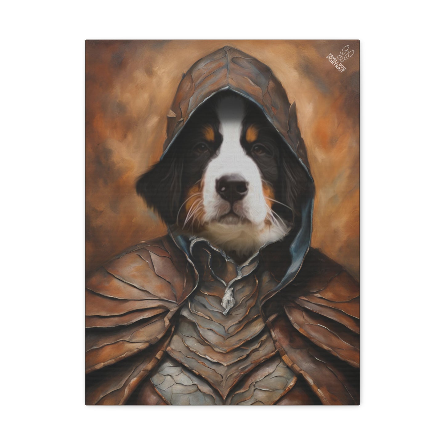 Dog wearing a hooded cloak with a warm, brown background