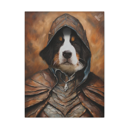 Dog wearing a hooded cloak with a warm, brown background