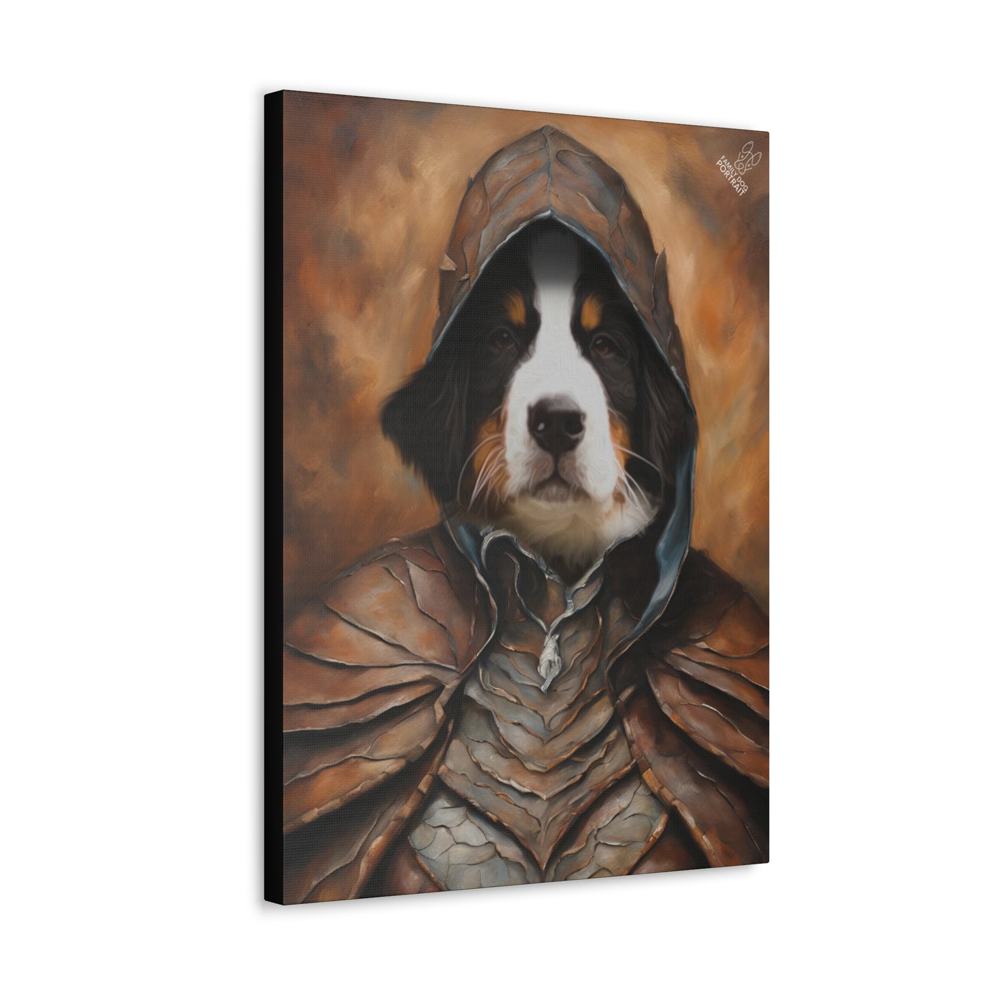 Canvas print of a dog in a hooded cloak with a warm color palette