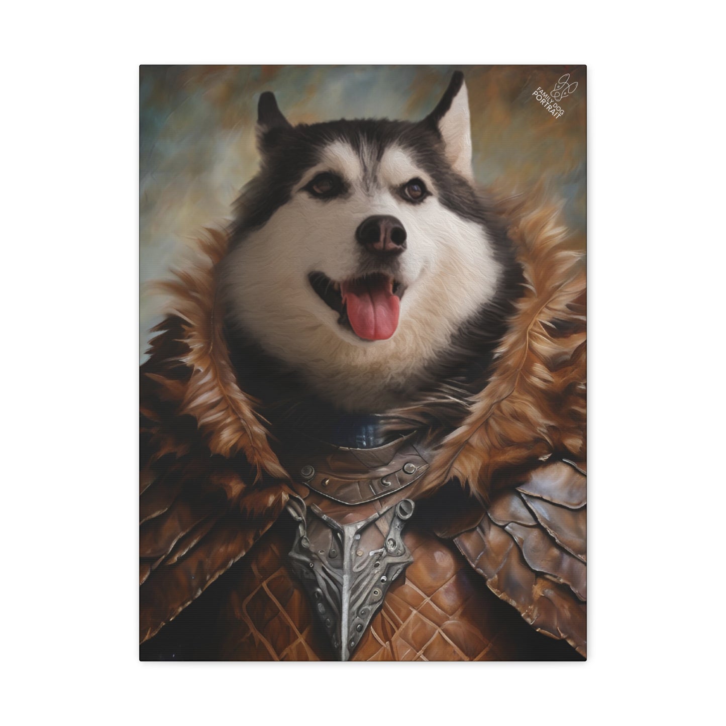 Dog in armor with a fantasy design on a white background