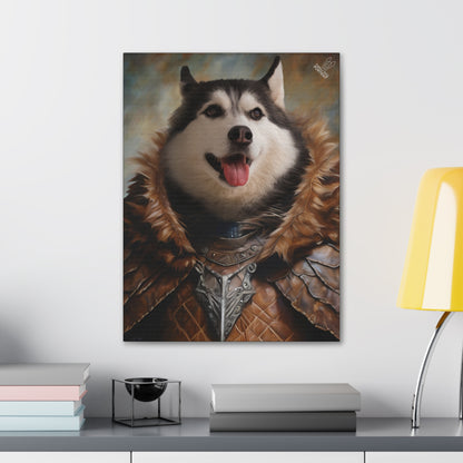 Framed artwork of a husky dog with warrior attire on a wall above a desk.