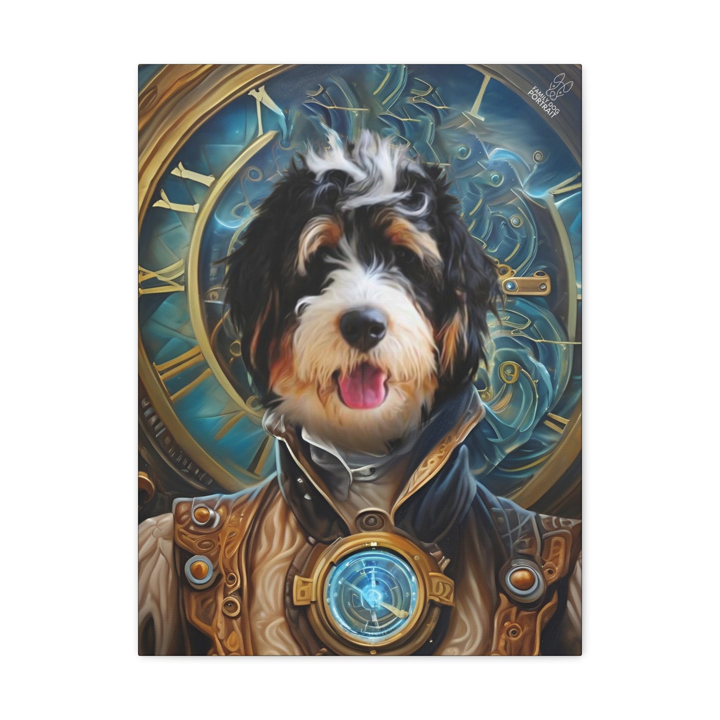Dog with steampunk attire in front of a clock face