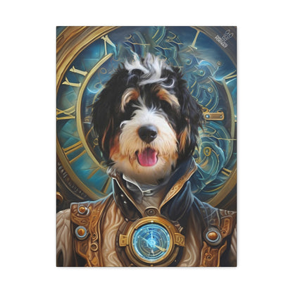 Dog with steampunk attire in front of a clock face
