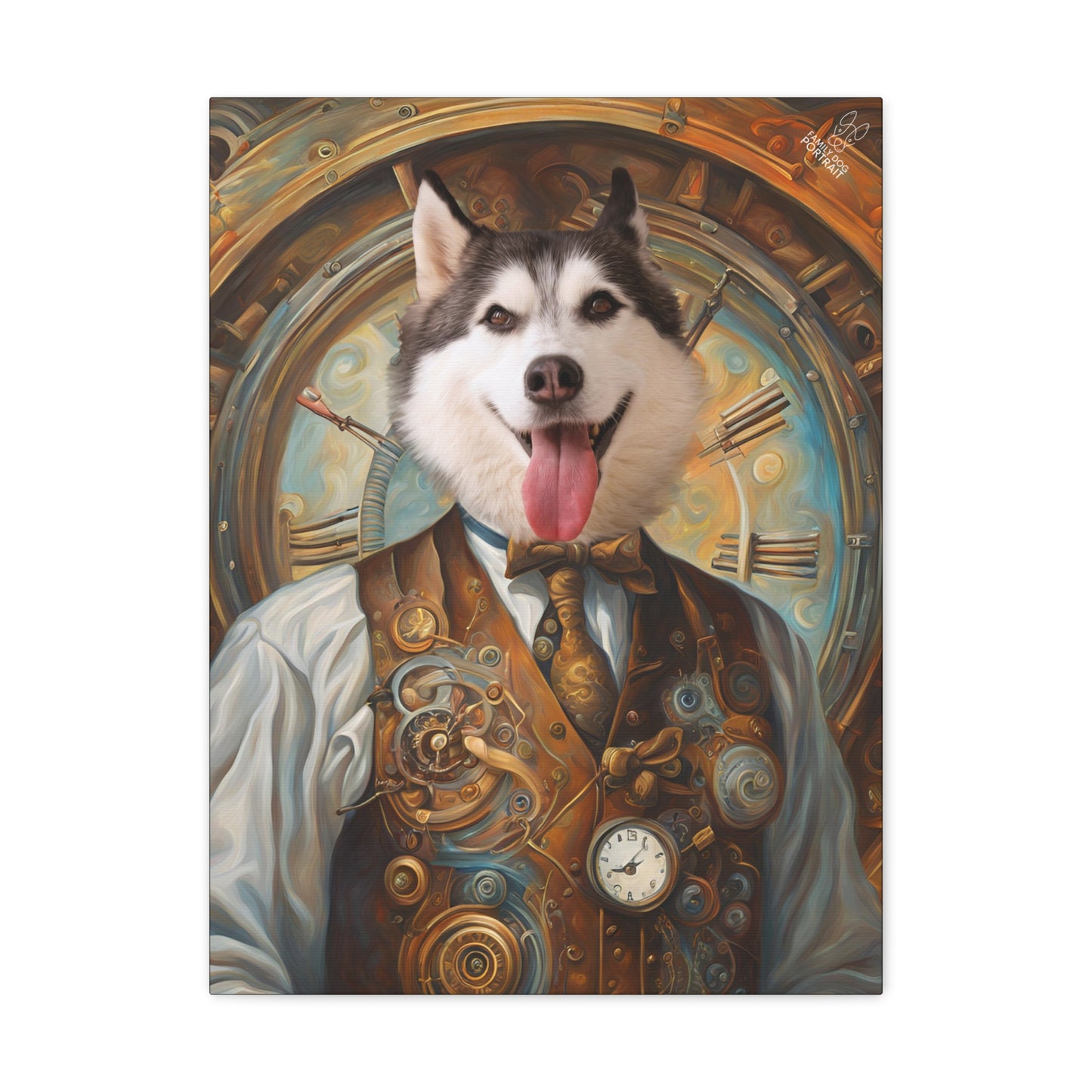 Dog in a steampunk outfit with a clock design in the background