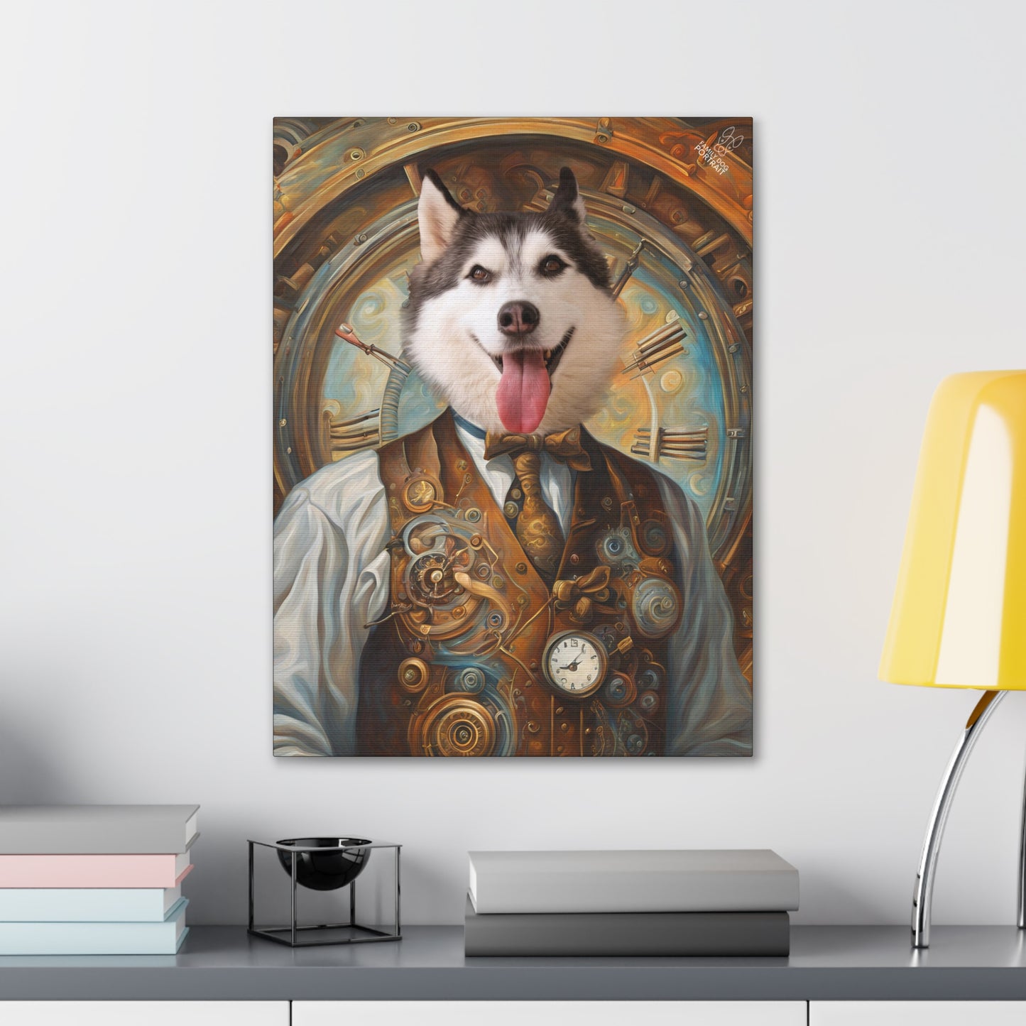 Canvas print of a dog with steampunk-themed frame on a wall above a shelf.