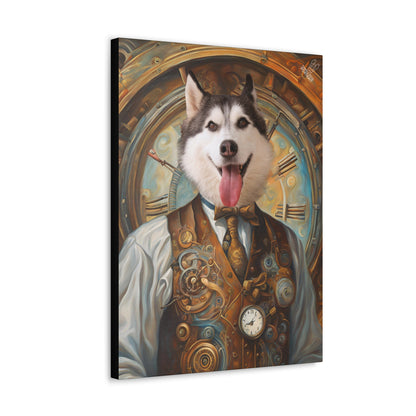 Canvas print of a dog in steampunk attire with clock gears and a white background