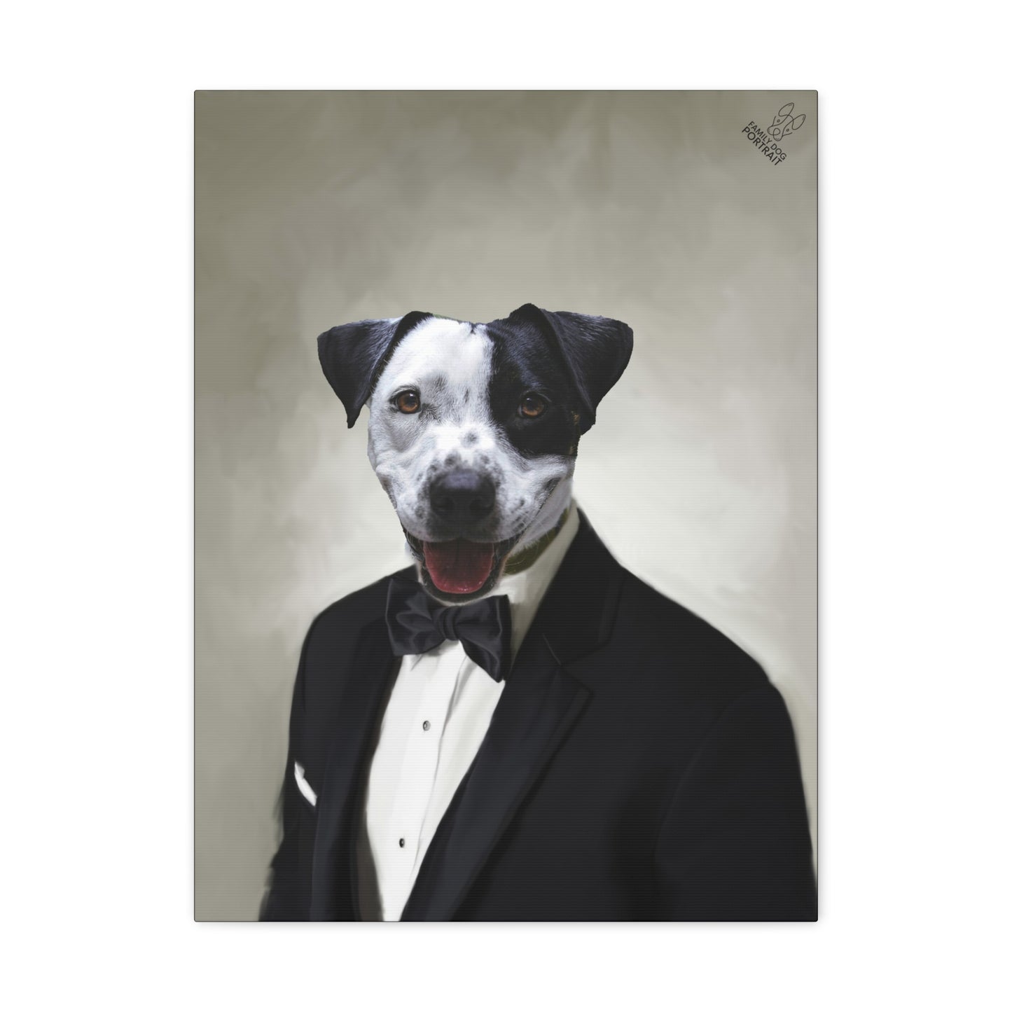 Dog wearing a black suit with a bow tie on a plain background