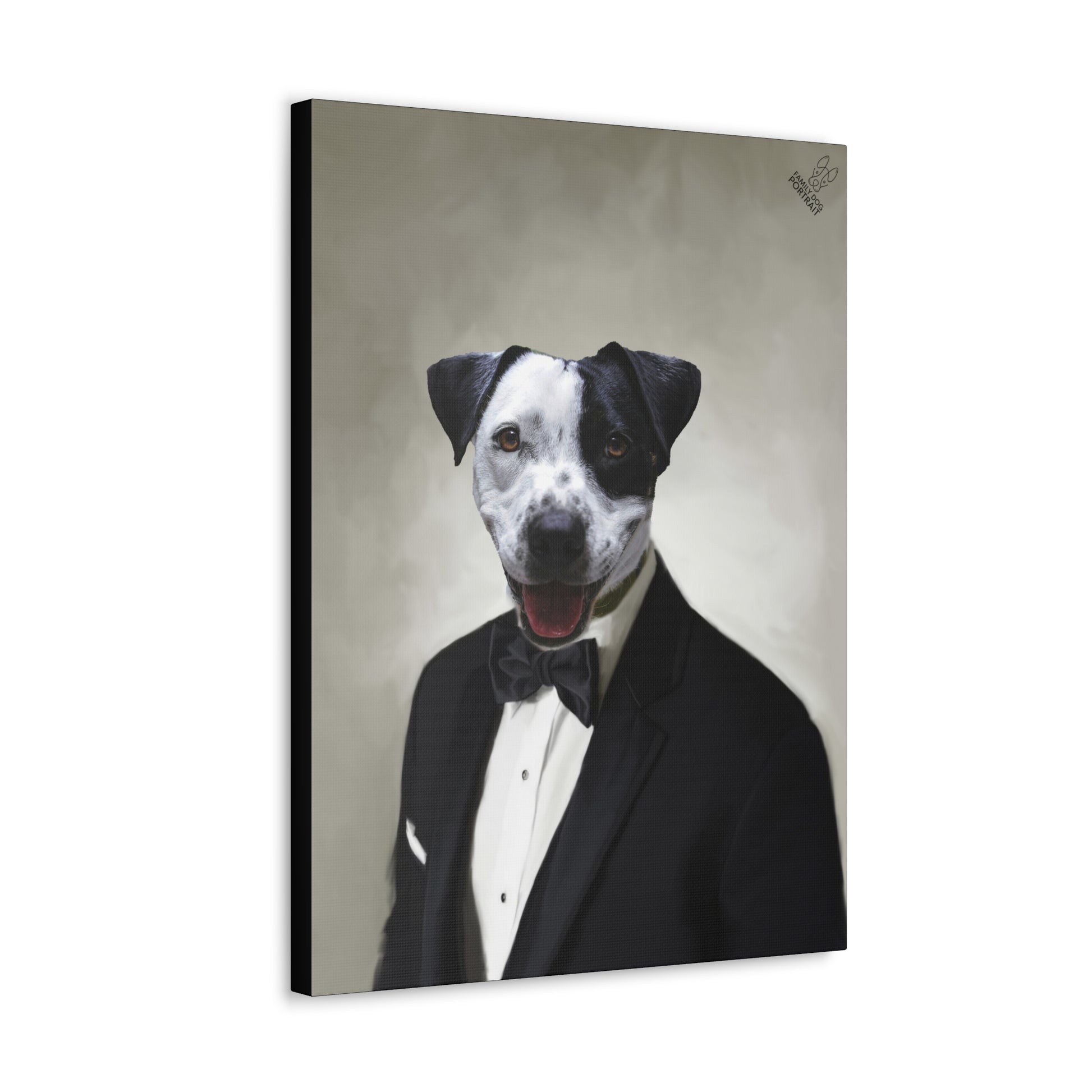 Canvas print of a dog in a tuxedo with a bow tie on a beige background