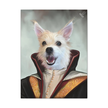 Dog in regal attire with a neutral background