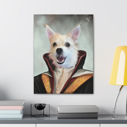 Canvas print of a dog dressed in regal attire with a neutral background