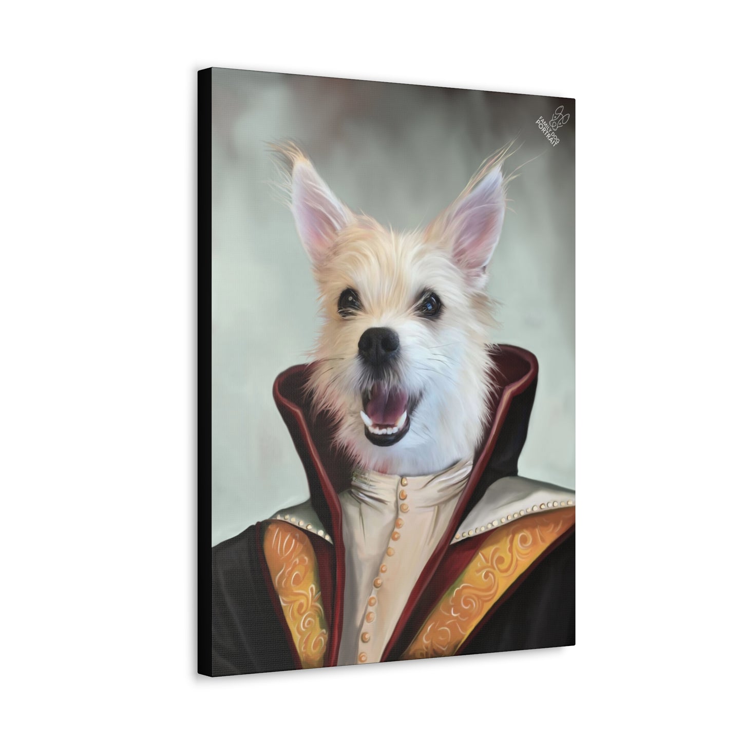 Canvas print of a dog dressed in regal attire with a neutral background