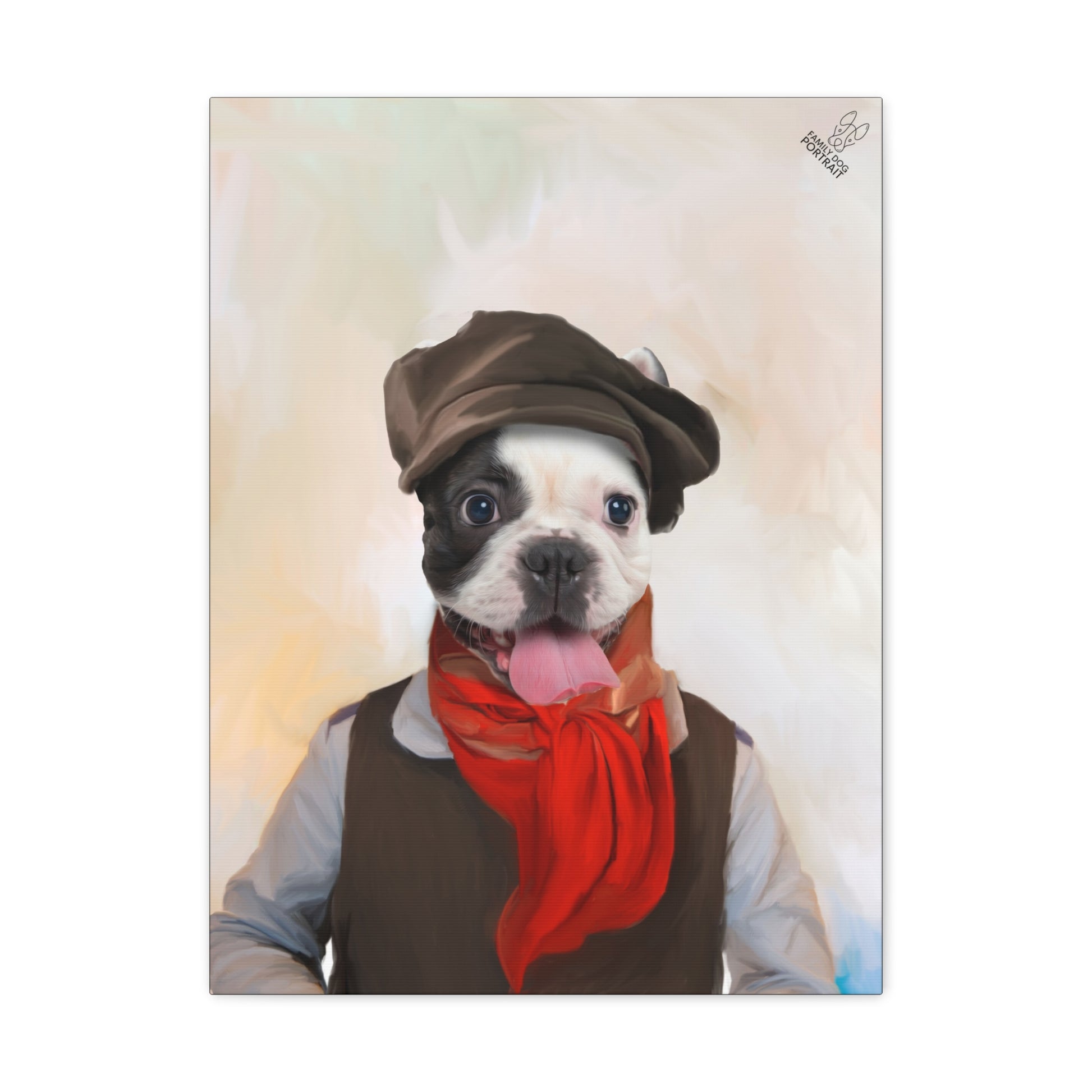 Painting of a dog wearing a hat and red scarf on a white background