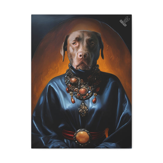 Painting of a dog in regal attire with jewelry against an orange background