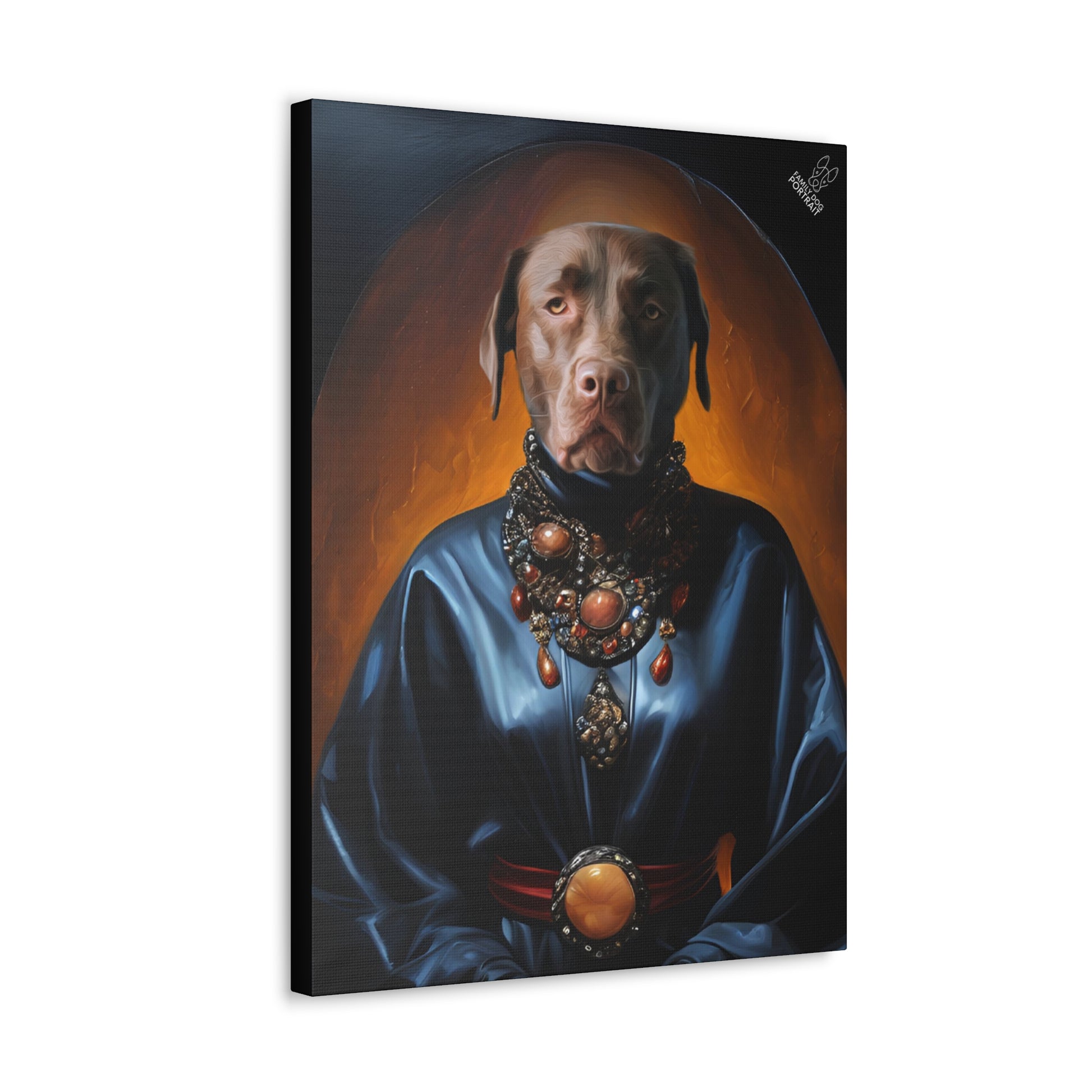Framed portrait of a dog with a blue robe and orange background.