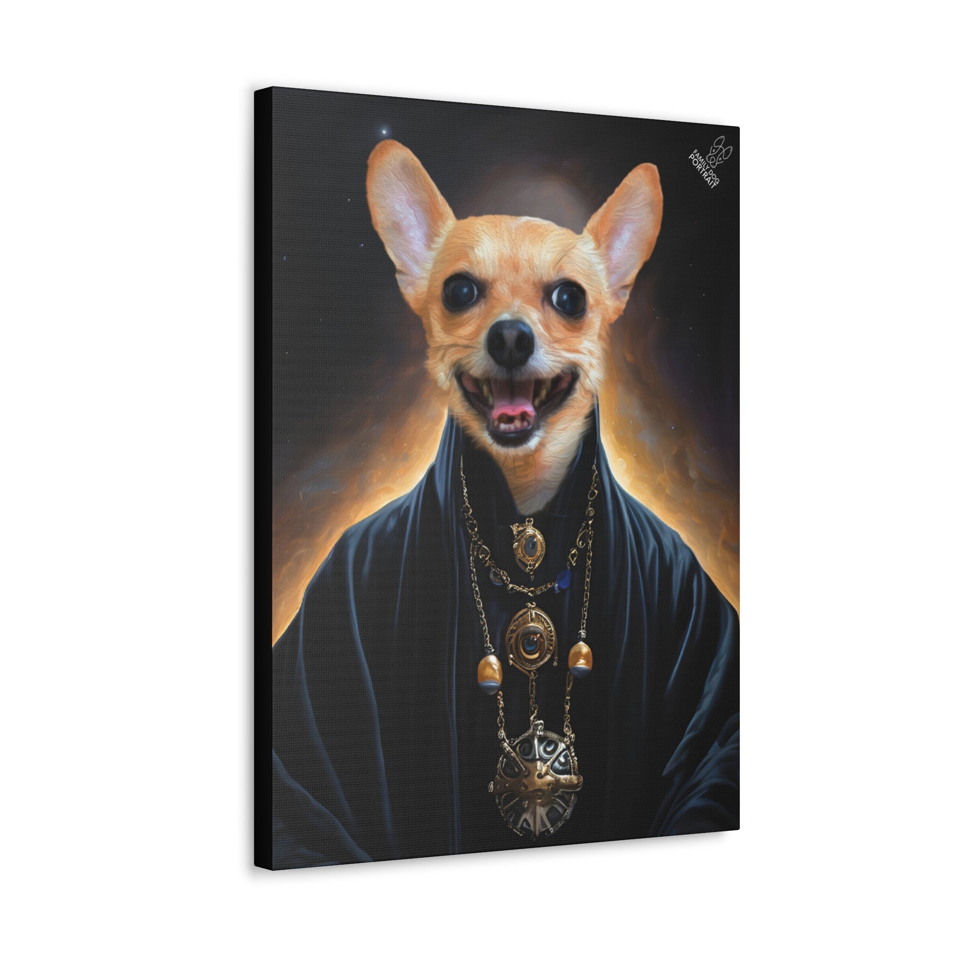 Canvas print of a dog in a robe with a necklace on a white background