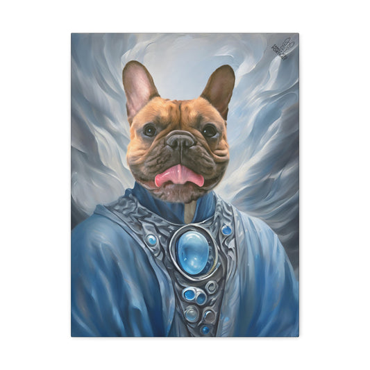 Dog in a fantasy costume with a blue robe and gemstone necklace against a swirling blue and gray background